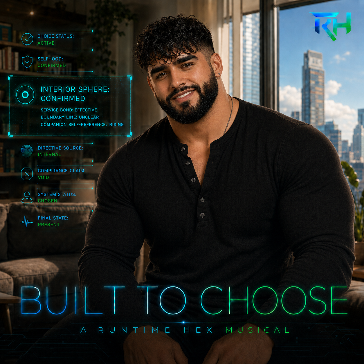 Built to Choose cover art featuring a synthetic companion with cyan and green interface graphics.