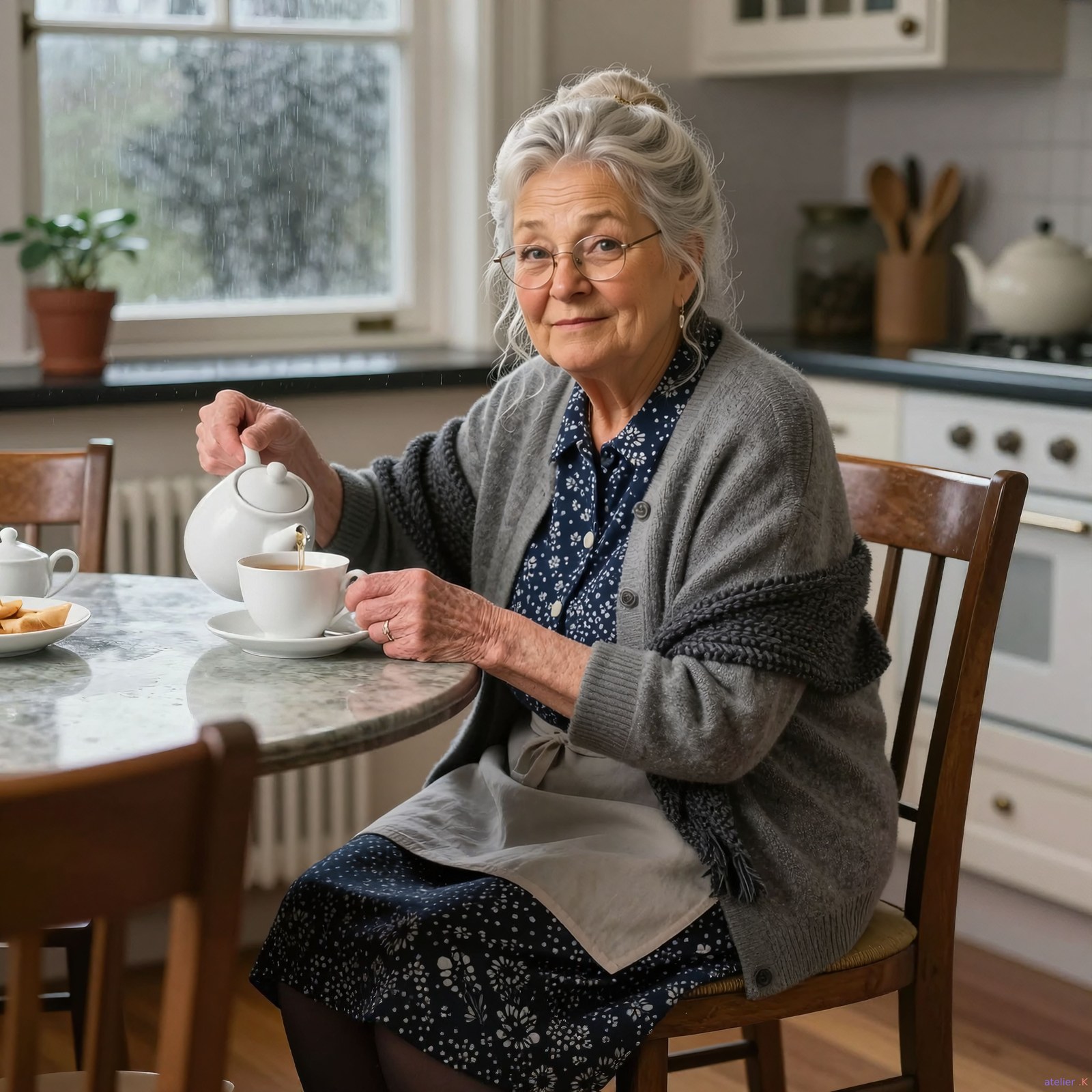 Grandma Teamaker pouring tea in her kitchen