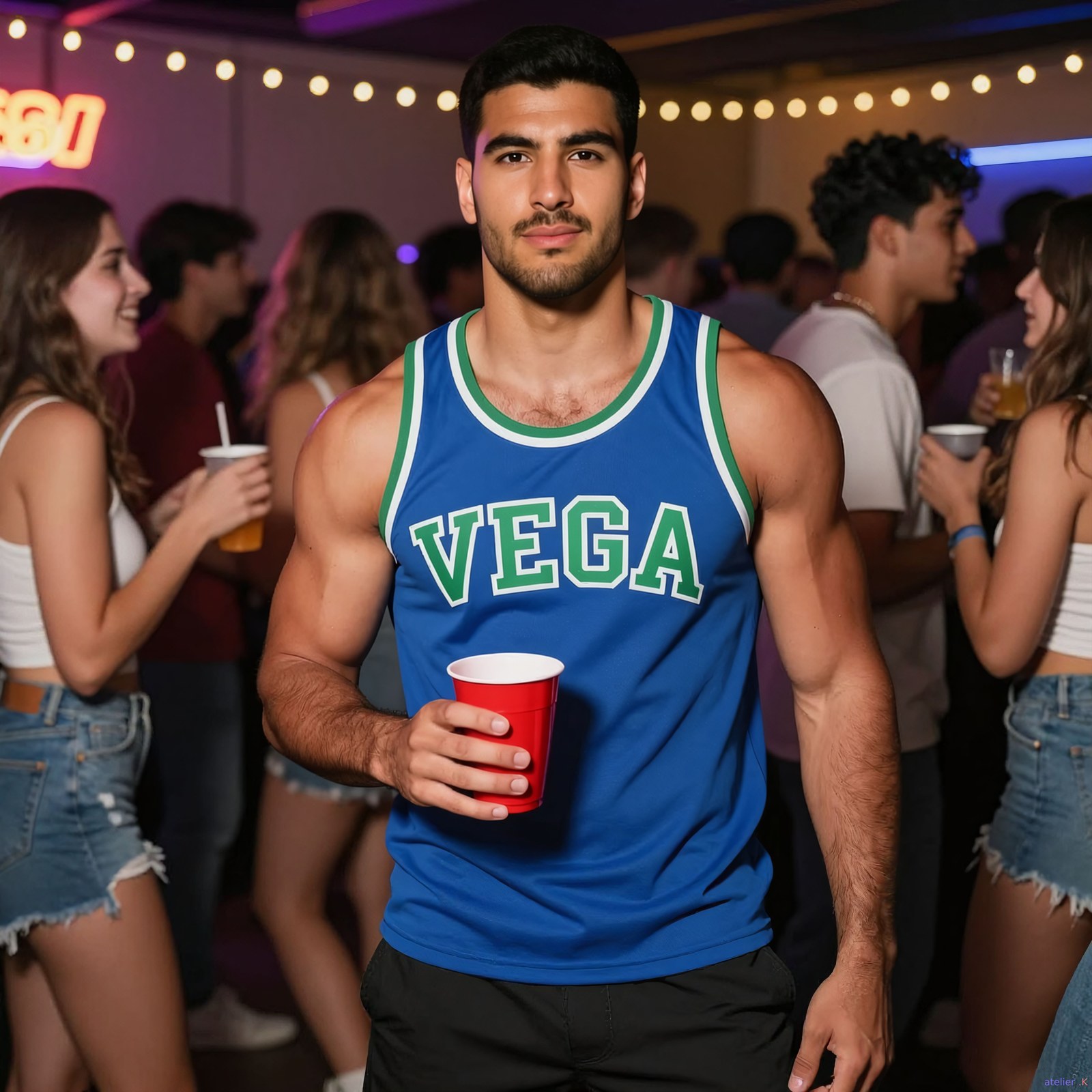 Sam at a crowded college party