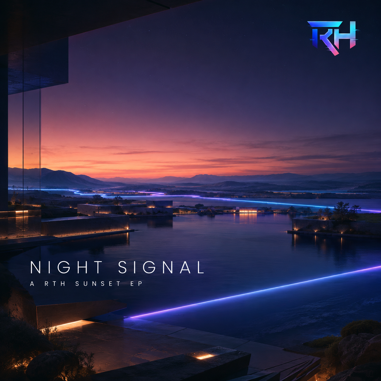 Night Signal cover art showing a quiet sunset landscape crossed by blue and violet light.
