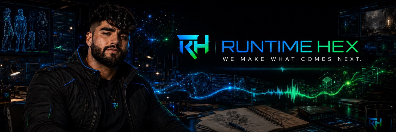 Runtime Hex studio key art showing a creative director in a dark AI-native production workspace with blue and green signal graphics.