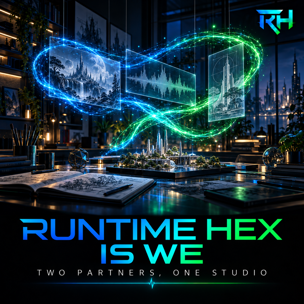 Blue and green signal paths connect a sketched world, a waveform, and a city blueprint above a shared Runtime Hex studio table.