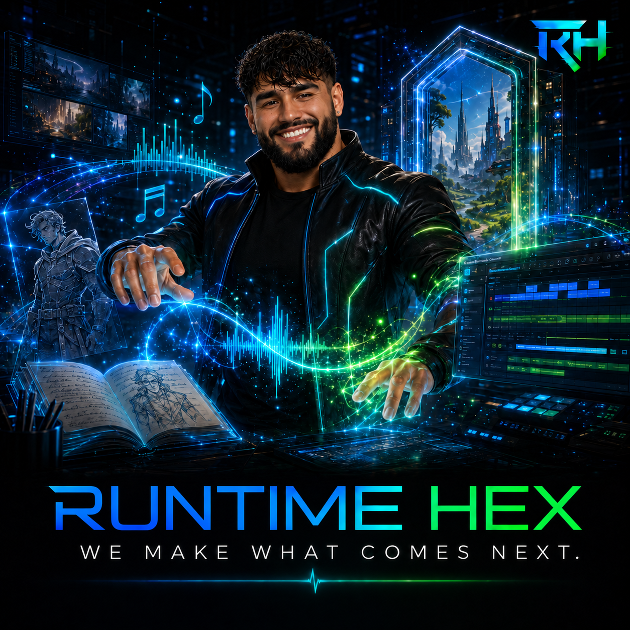 Runtime Hex creative director shaping blue and green signal waves between character art, music, production tools, and a portal to a futuristic world.