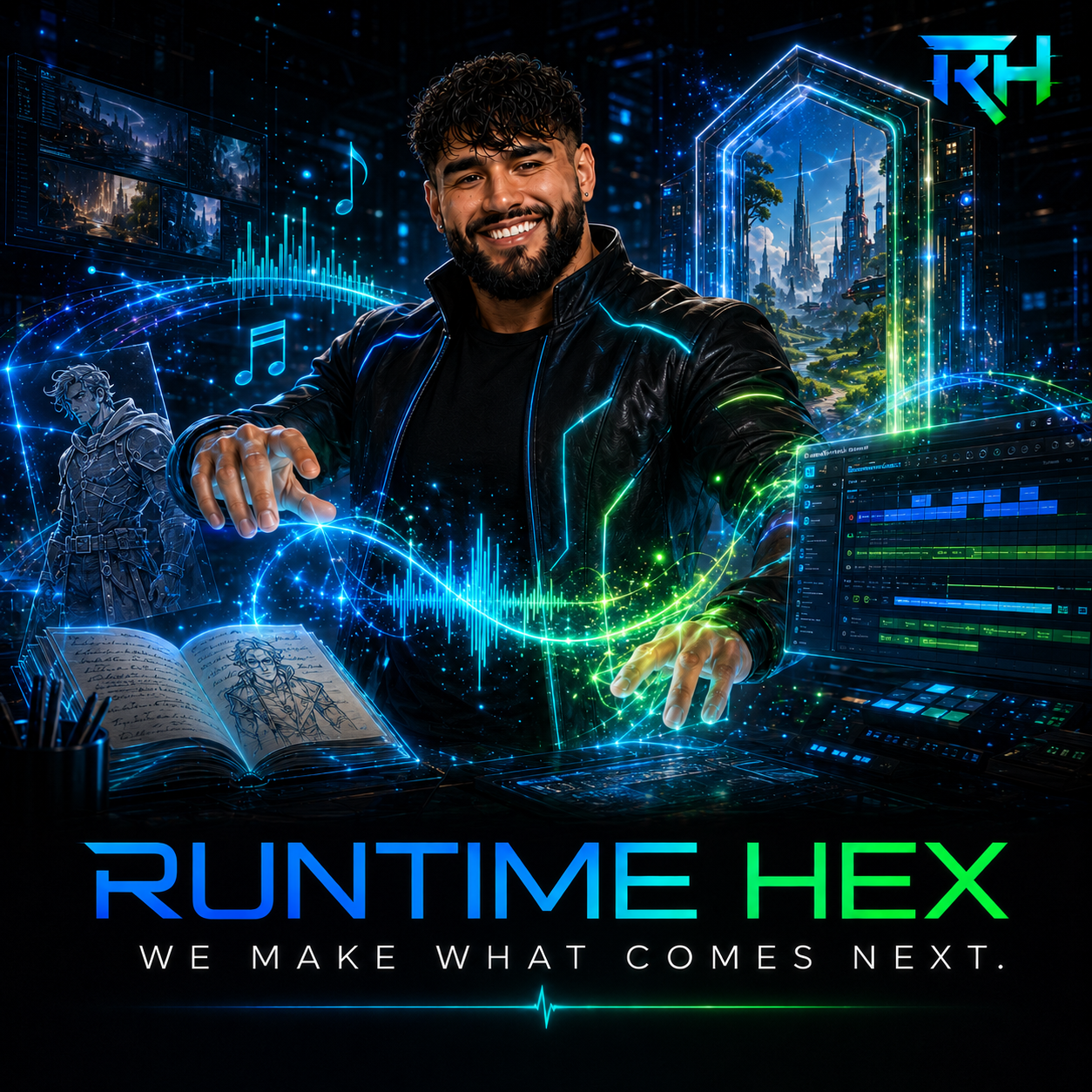 Runtime Hex creative director shaping blue and green signal waves between character art, music, production tools, and a portal to a futuristic world.